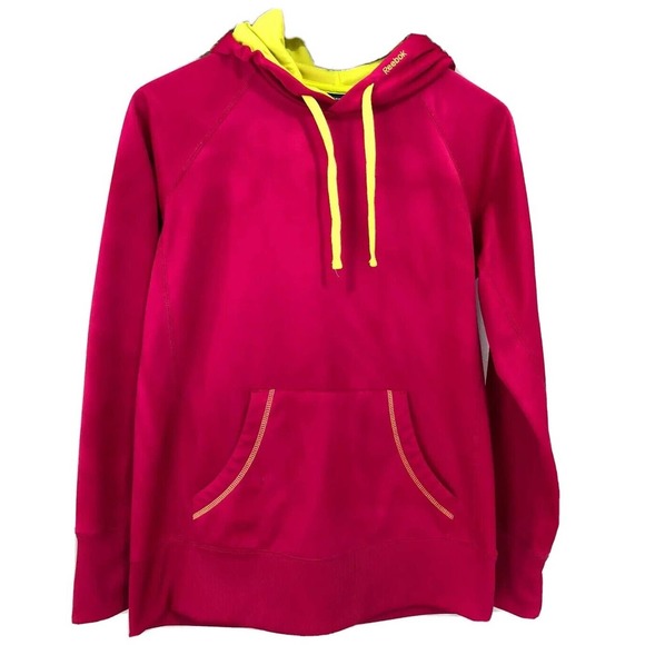 Reebok Tops - Reebok Womens Sweater Sz Medium Hot Pink Hoodie Pullover Neon Yellow Active Top